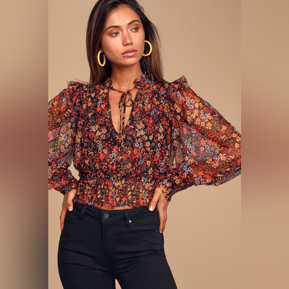 Free People Twyla Sheer Black Floral Print Smocked Long Sleeve Crop Top